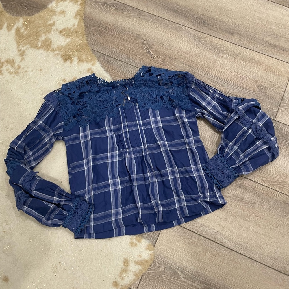 Free people blue darling Diana lace plaid shirt - Picture 2 of 6